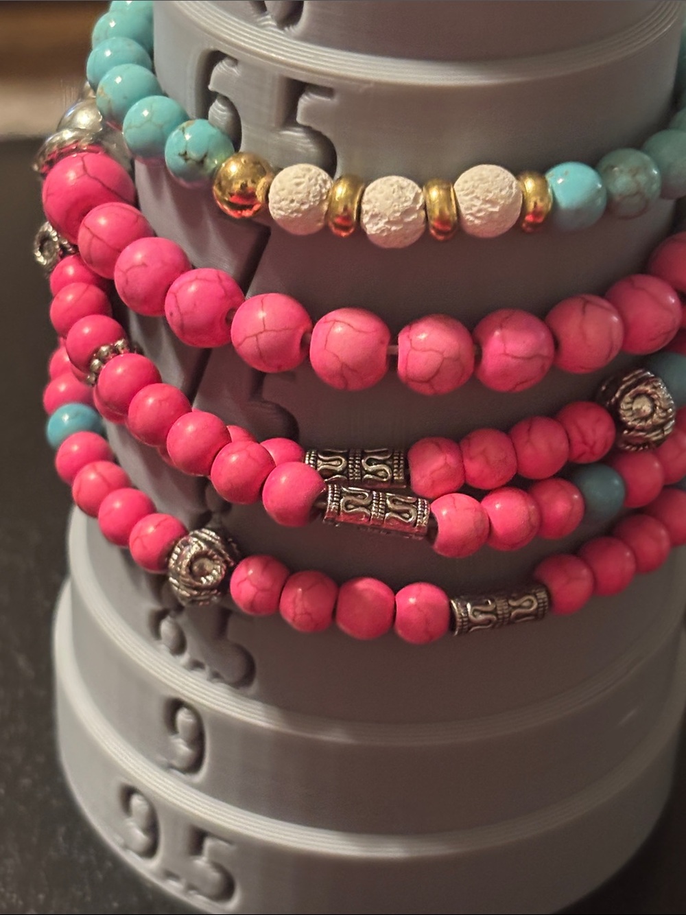 Pink and Blue Stone Beaded Stackable Bracelets with Silver Accents - Picture 6 of 13